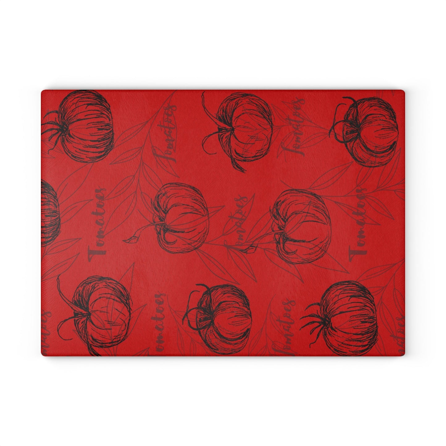 Glass Cutting Board, Original Tomato Drawings Black on Red Background, Print of Original Art, Kitchen Accent, Garden Design, Homegrown