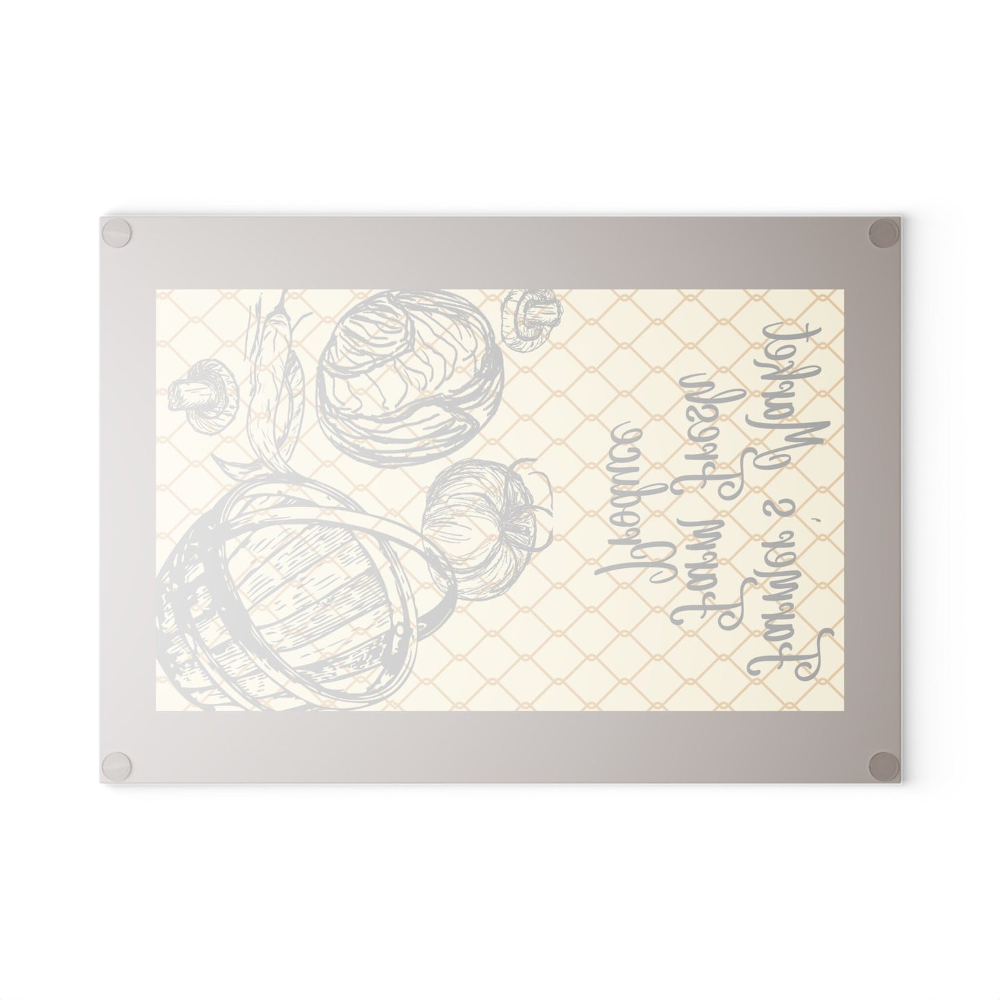 Glass Cutting Board with Farmer's Market Original Art, Hand Drawn Veggies on Neutral Beige and Brown Background