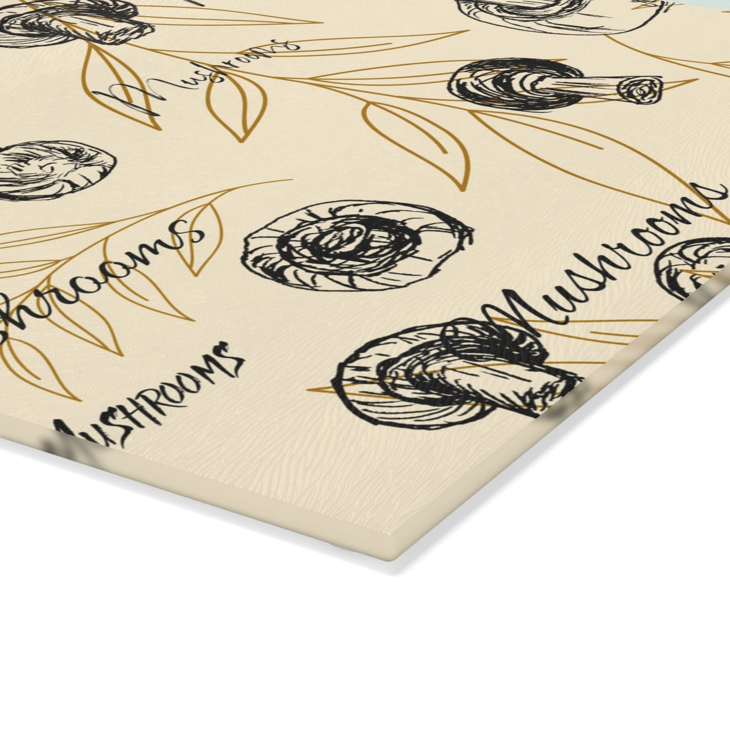 Glass Cutting Board with Print of Original Mushroom Drawings Over Beige Background with Faded Leaves, Home gardener, Gift, Kitchen Accent