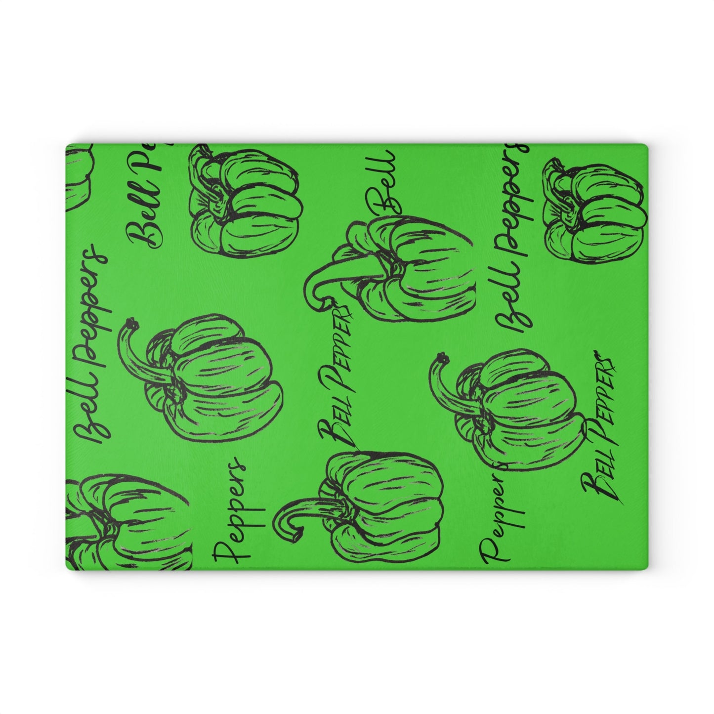 Glass Cutting Board with Original Bell Pepper Drawings Print on Green Background, Kitchen Accent, Farmhouse, Gardener Gift, Pepper fan