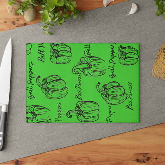 Glass Cutting Board with Original Bell Pepper Drawings Print on Green Background, Kitchen Accent, Farmhouse, Gardener Gift, Pepper fan