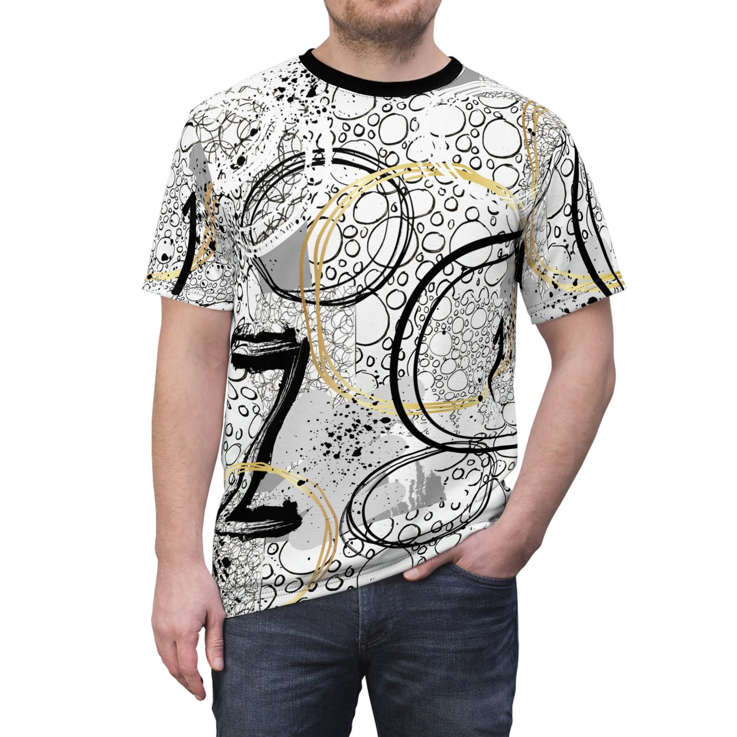 Original Abstract Art Design Sublimation Print on Unisex Polyester Tee, Bold Black and Gray design with Various Elements, Bold Design, Mens