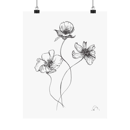 Premium Matte Vertical Posters. Trio of Simple Flowers, Original Ink Drawing Print, Line Drawing, Simple Minimalist Art