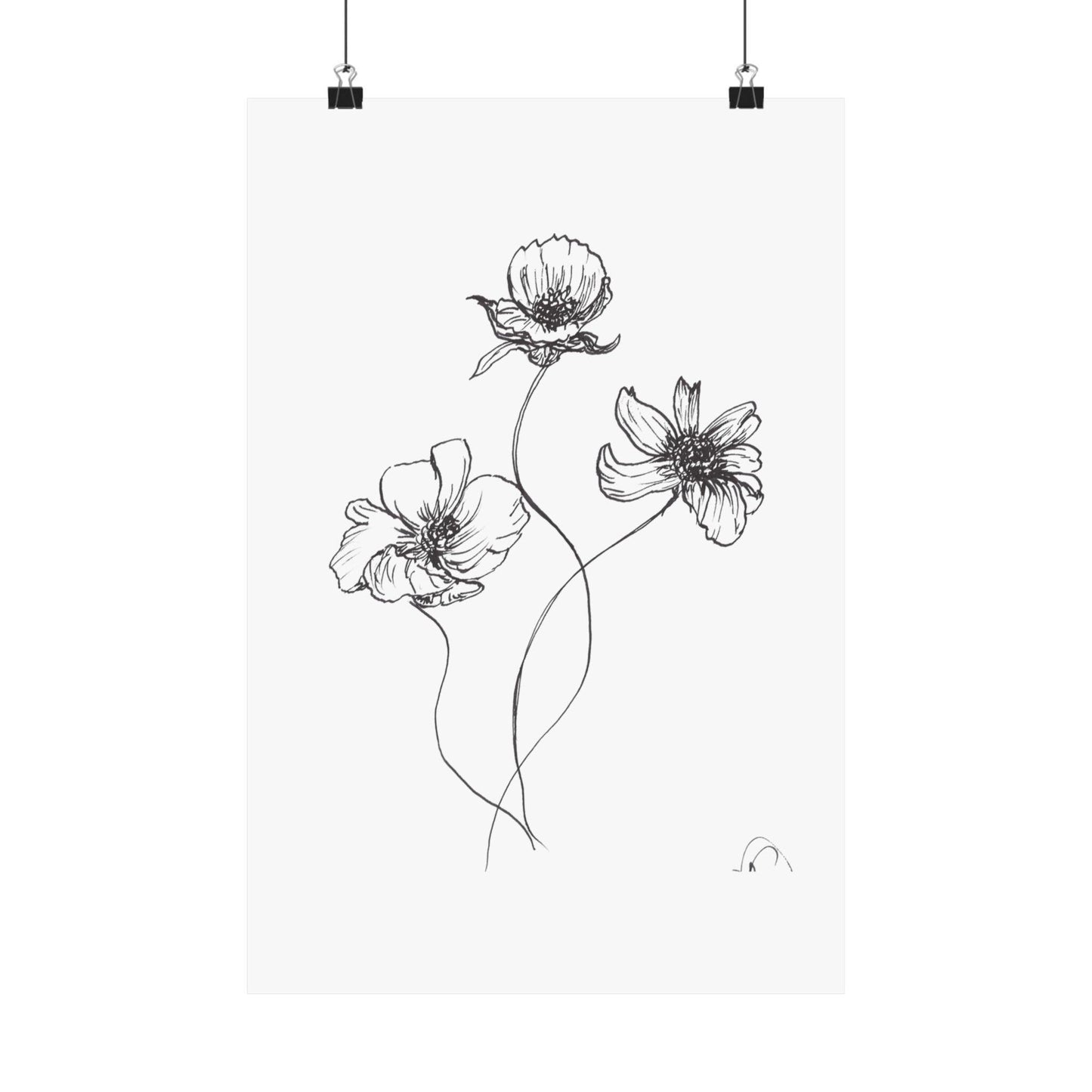 Premium Matte Vertical Posters. Trio of Simple Flowers, Original Ink Drawing Print, Line Drawing, Simple Minimalist Art