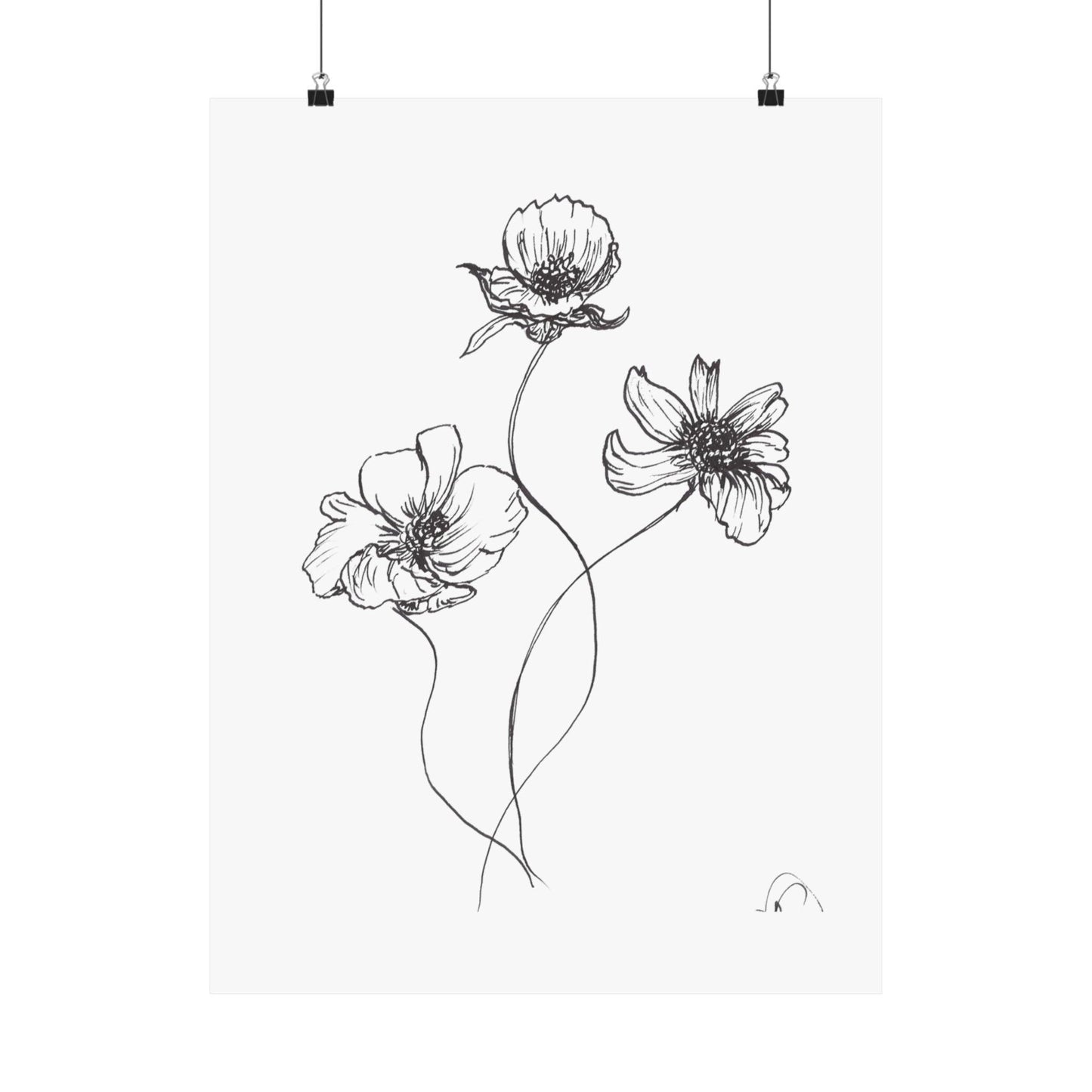 Premium Matte Vertical Posters. Trio of Simple Flowers, Original Ink Drawing Print, Line Drawing, Simple Minimalist Art