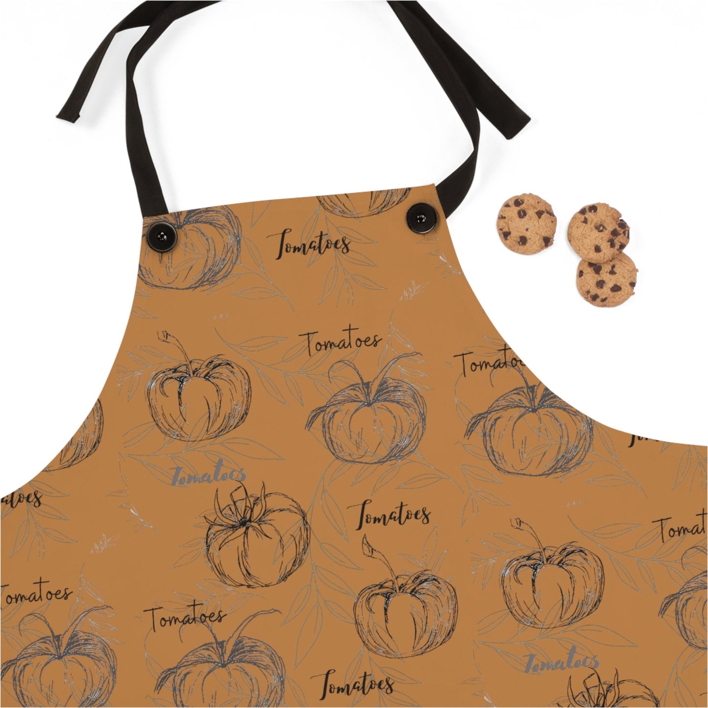 Apron with Print of Hand Drawn Tomatoes, Script and Leaf Background, Original Art Design, Minimalust, Against Brown