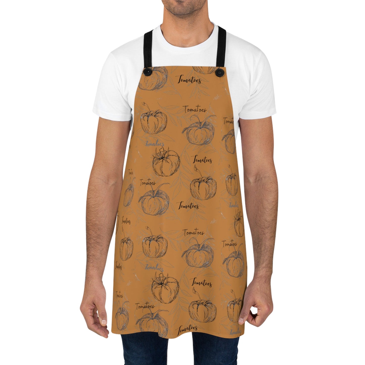 Apron with Print of Hand Drawn Tomatoes, Script and Leaf Background, Original Art Design, Minimalust, Against Brown