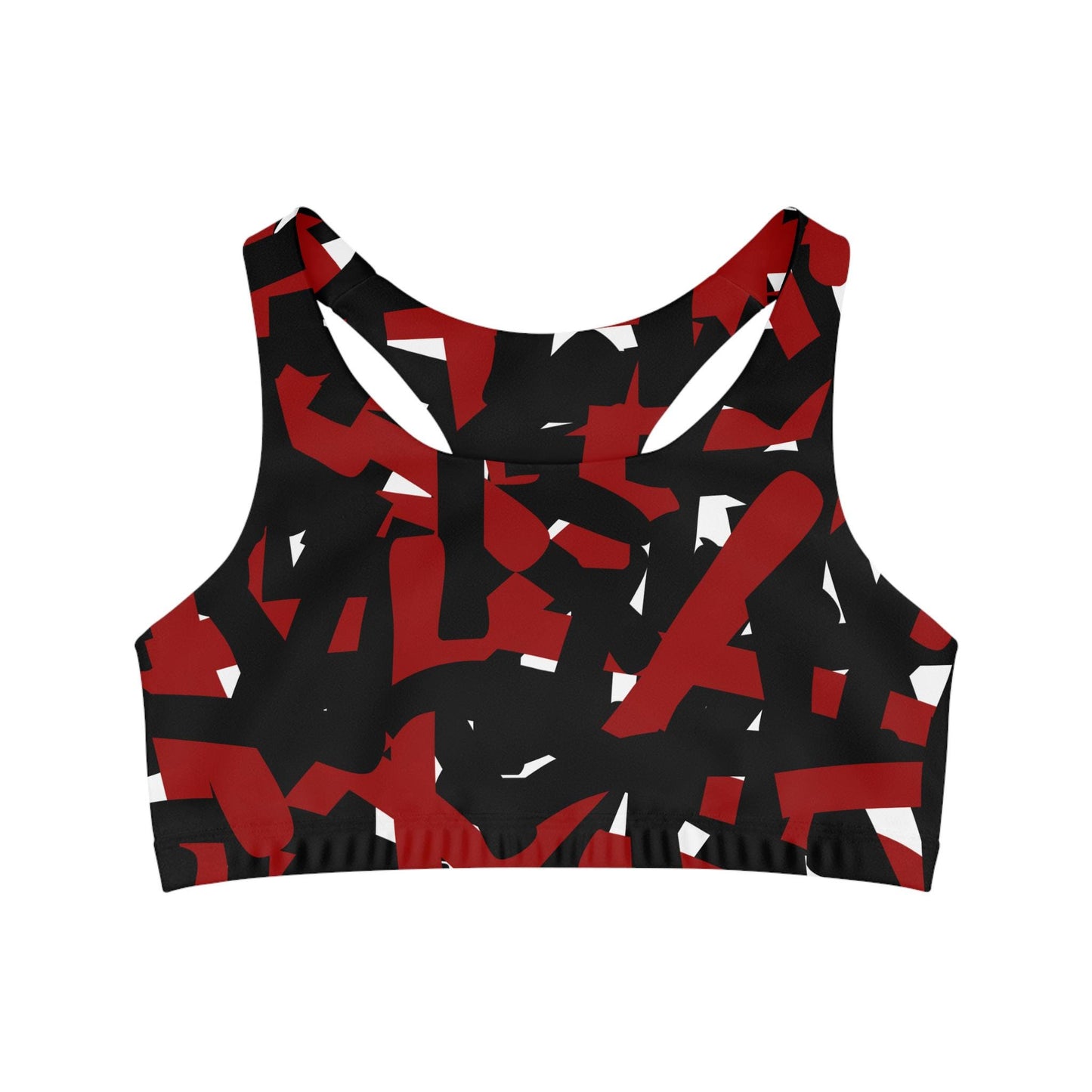 Seamless Sports Bra, Bold Black and Red Linear Absteact Design, Statement Piece for Gym or Yoga Studio