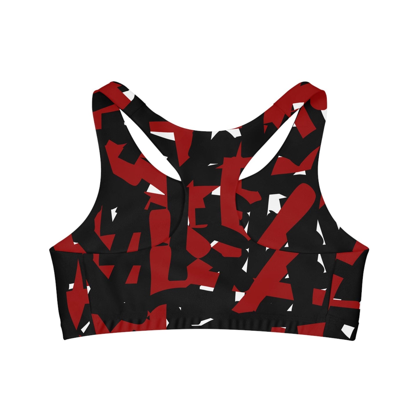 Seamless Sports Bra, Bold Black and Red Linear Absteact Design, Statement Piece for Gym or Yoga Studio