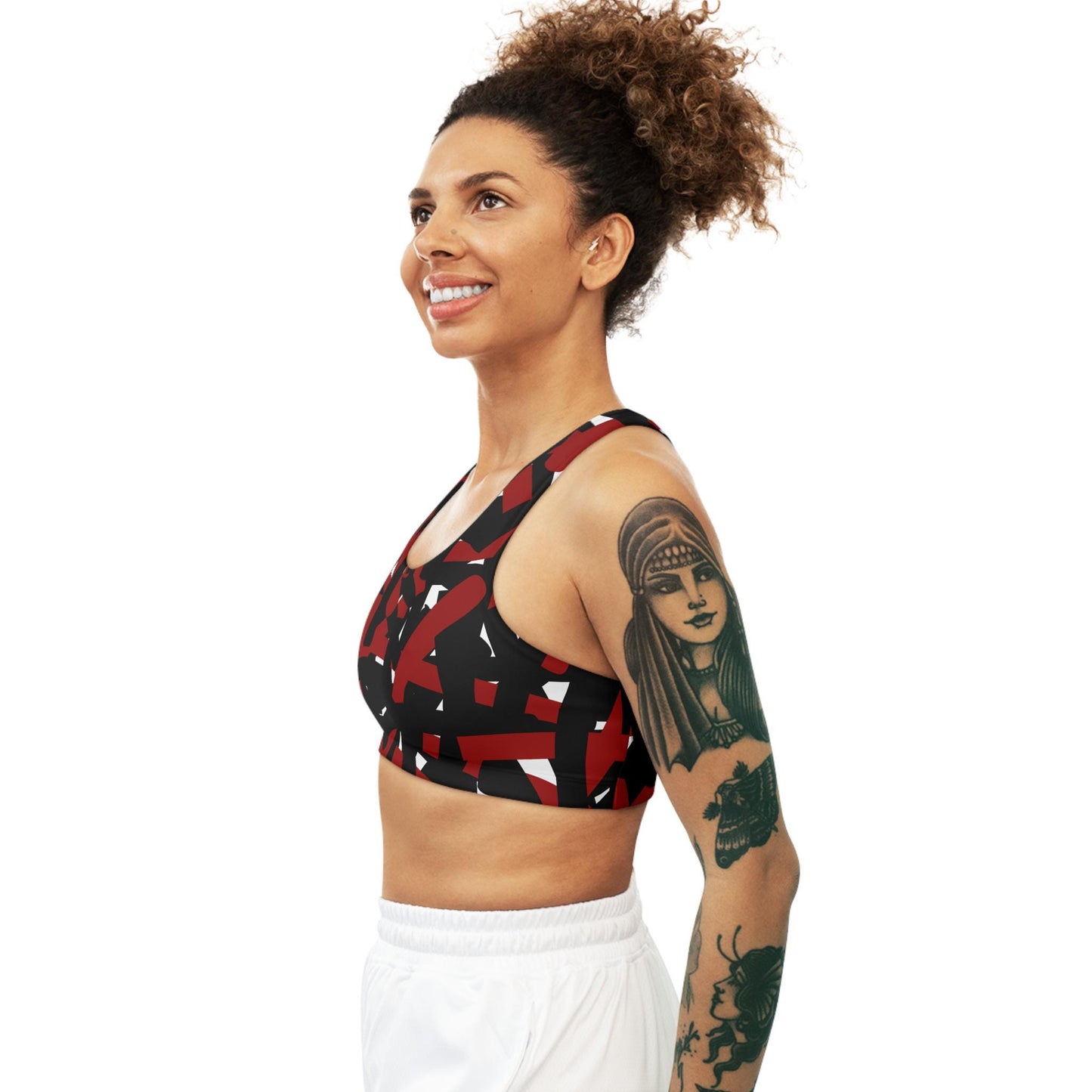 Seamless Sports Bra, Bold Black and Red Linear Absteact Design, Statement Piece for Gym or Yoga Studio