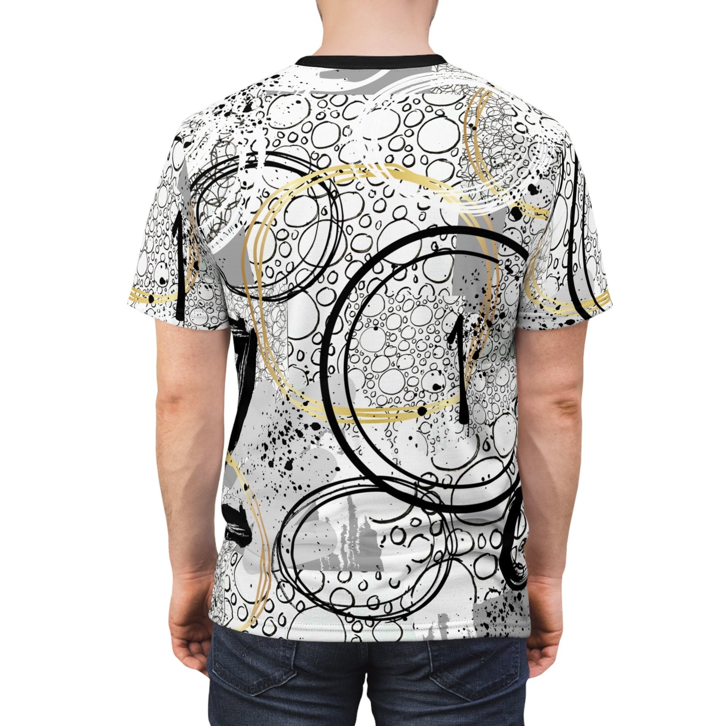 Original Abstract Art Design Sublimation Print on Unisex Polyester Tee, Bold Black and Gray design with Various Elements, Bold Design, Mens