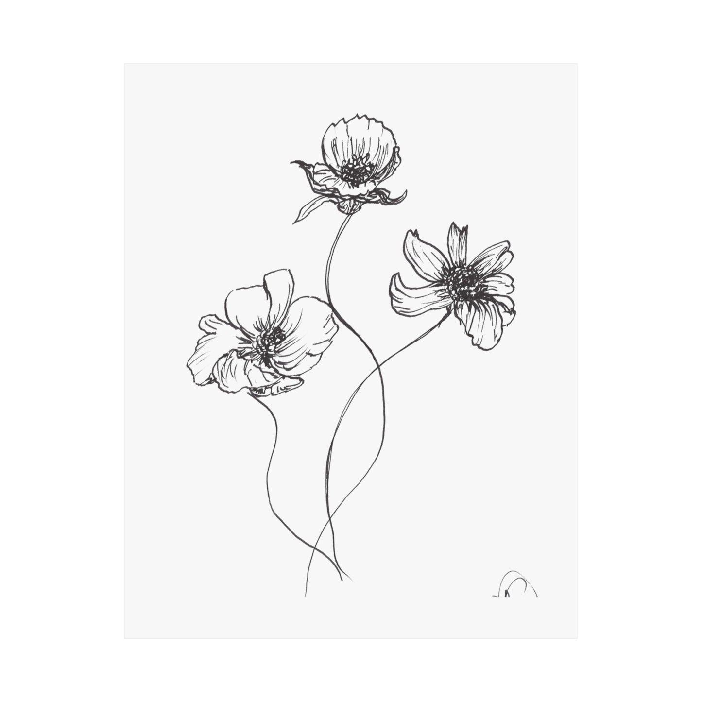 Premium Matte Vertical Posters. Trio of Simple Flowers, Original Ink Drawing Print, Line Drawing, Simple Minimalist Art