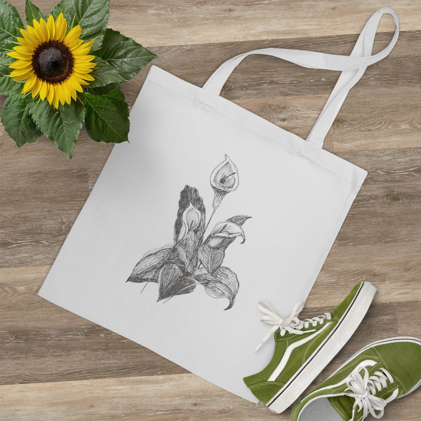 Tote Bag Peace Lily Drawing in Ink Print, Original Art, Botanical Art, Flower Drawing, Nature Art, Line Drawing, Minimalist Design