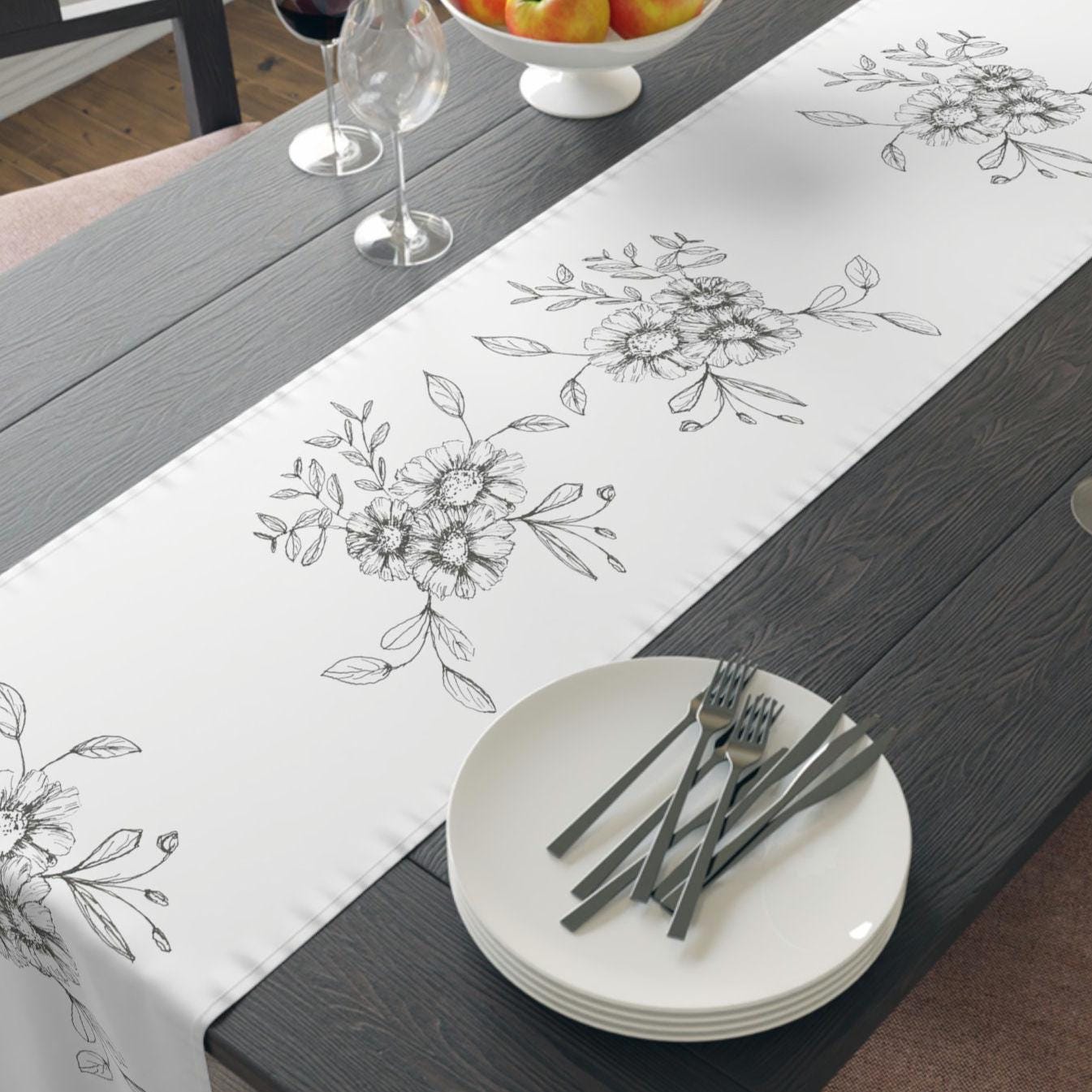 Table Runner (Cotton or Poly) 2 Sizes, Printed with Original Hand ink Drawings of Flowers, Spaced Symmetrically