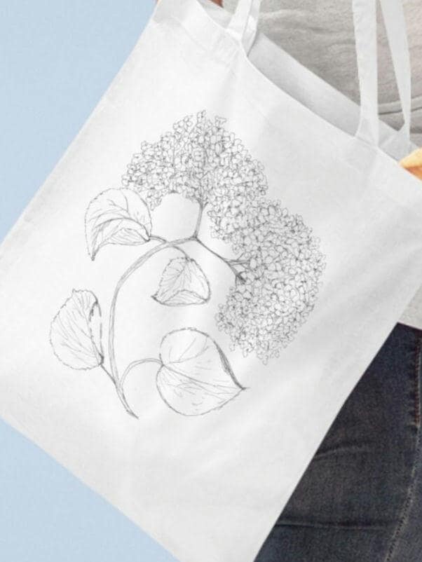 Tote Bag with Print of Original Art of Hand Drawn Hydragea