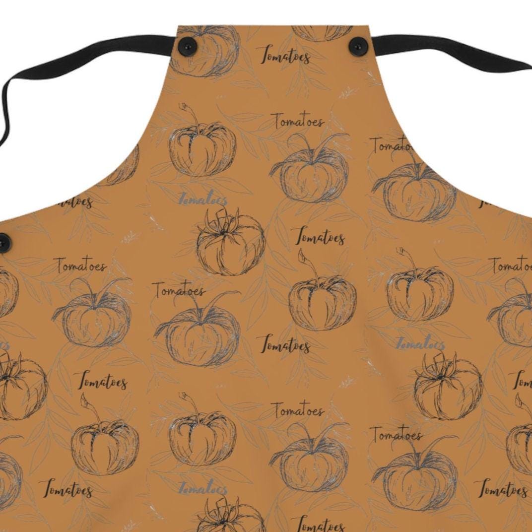 Apron with Print of Hand Drawn Tomatoes, Script and Leaf Background, Original Art Design, Minimalust, Against Brown