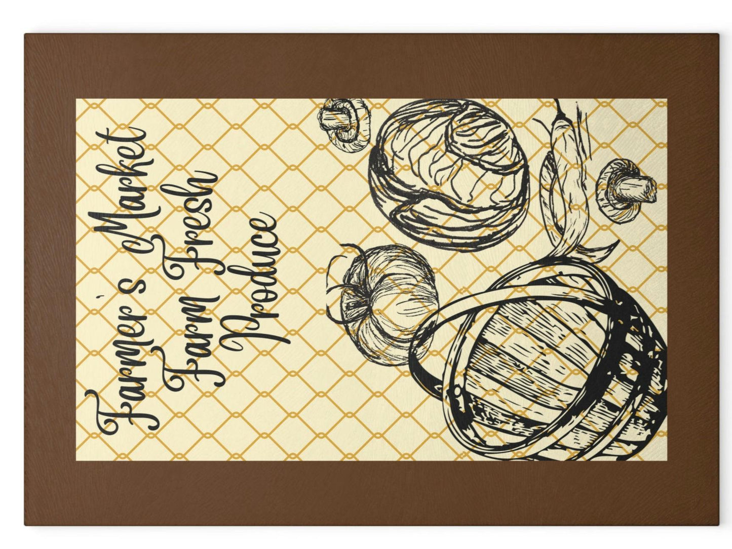 Glass Cutting Board with Farmer's Market Original Art, Hand Drawn Veggies on Neutral Beige and Brown Background