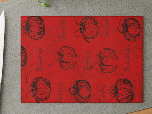 Glass Cutting Board, Original Tomato Drawings Black on Red Background, Print of Original Art, Kitchen Accent, Garden Design, Homegrown