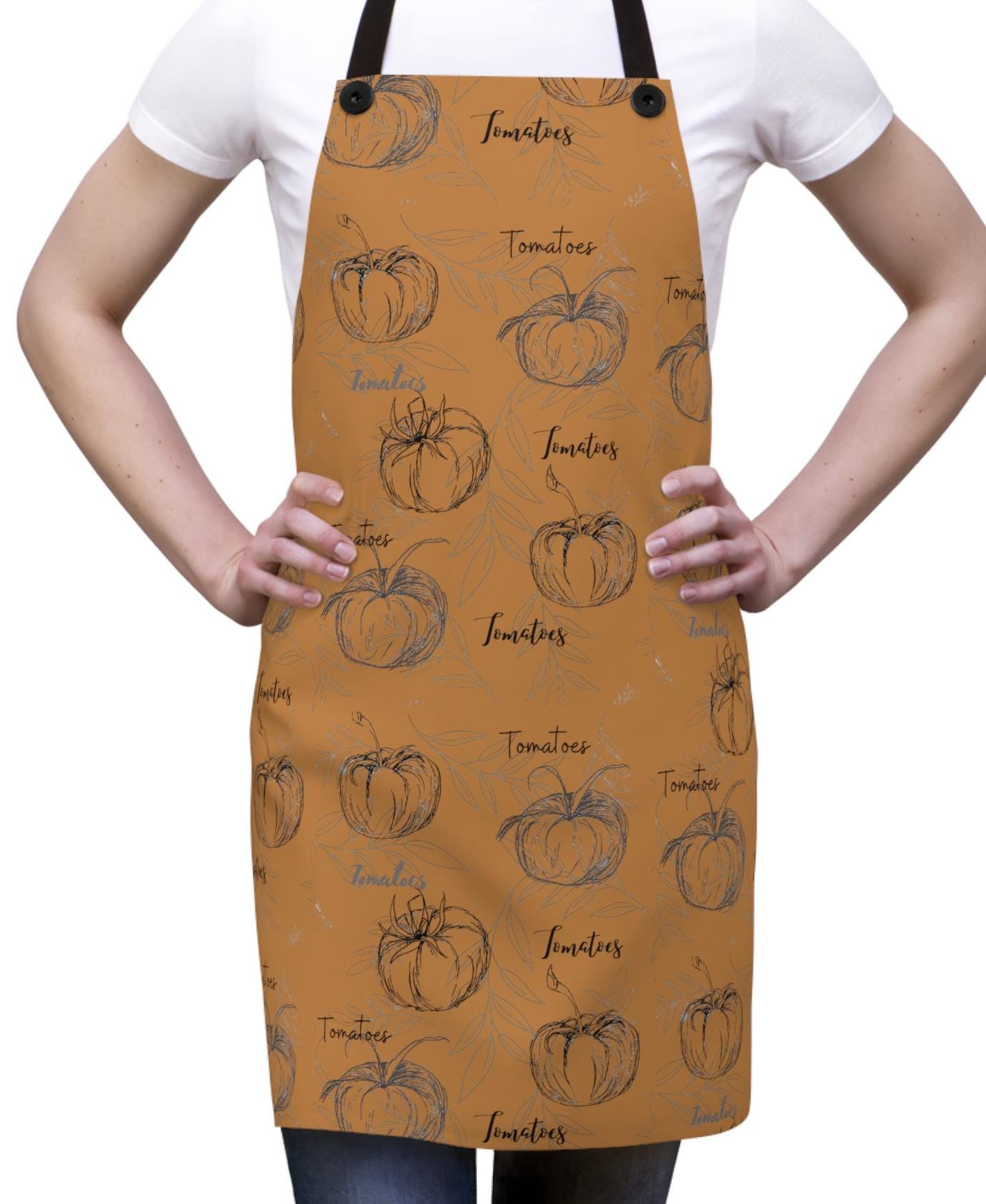 Apron with Print of Hand Drawn Tomatoes, Script and Leaf Background, Original Art Design, Minimalust, Against Brown