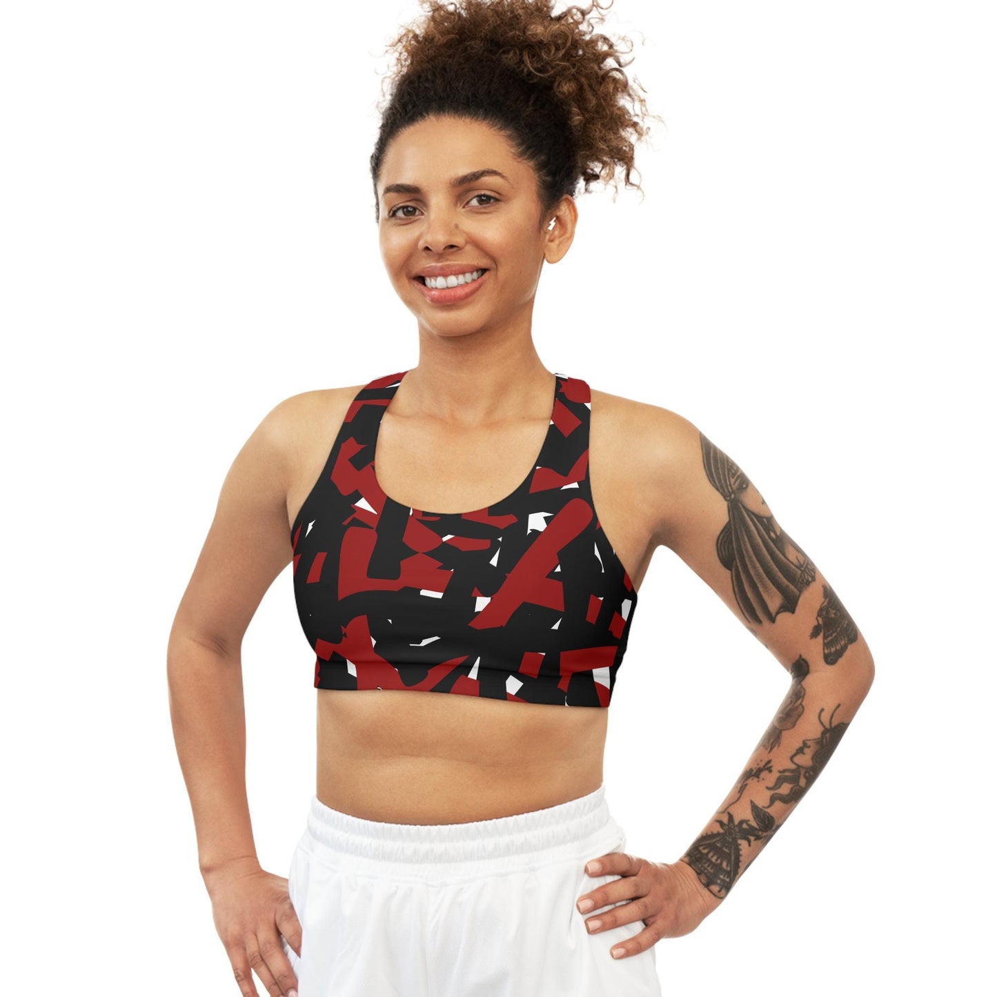 Seamless Sports Bra, Bold Black and Red Linear Absteact Design, Statement Piece for Gym or Yoga Studio