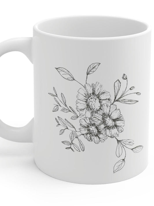 Pretty Simple Floral Mug 11oz, Hand drawing,Original Art Minimalist line drawing