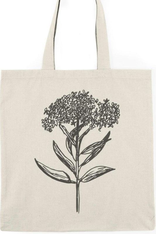 Natural Tote Bagwith Hand Drawn Ink Print of Milkweed Plant, Vital for The Endangered Monarch Butterfly