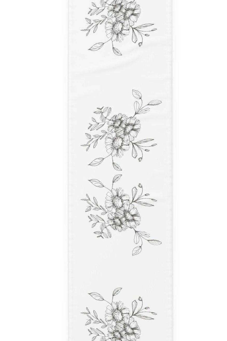 Table Runner (Cotton or Poly) 2 Sizes, Printed with Original Hand ink Drawings of Flowers, Spaced Symmetrically