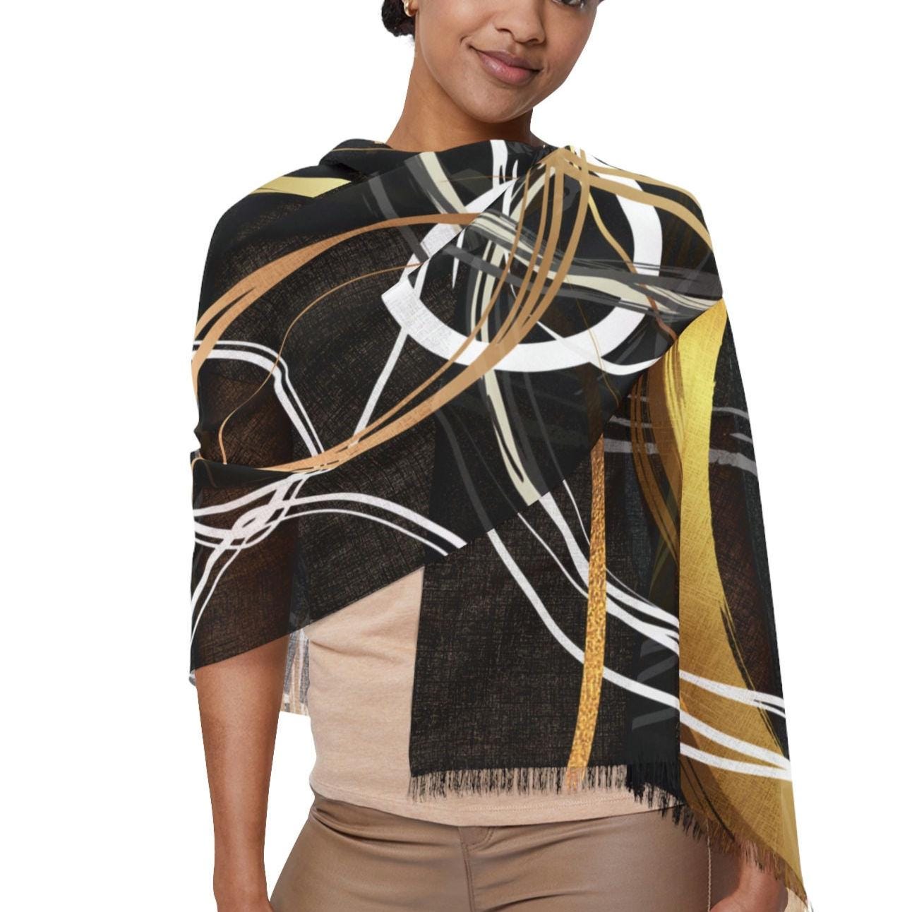 Light Scarf Black with Gold and White Circles Original Abstract Geometric Digital Design