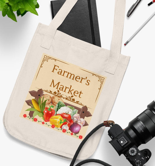 Organic Canvas Tote Bag with Fun Farmers Market Digital Design, Fruits and Vegetable Great for Shopping abd Marketing