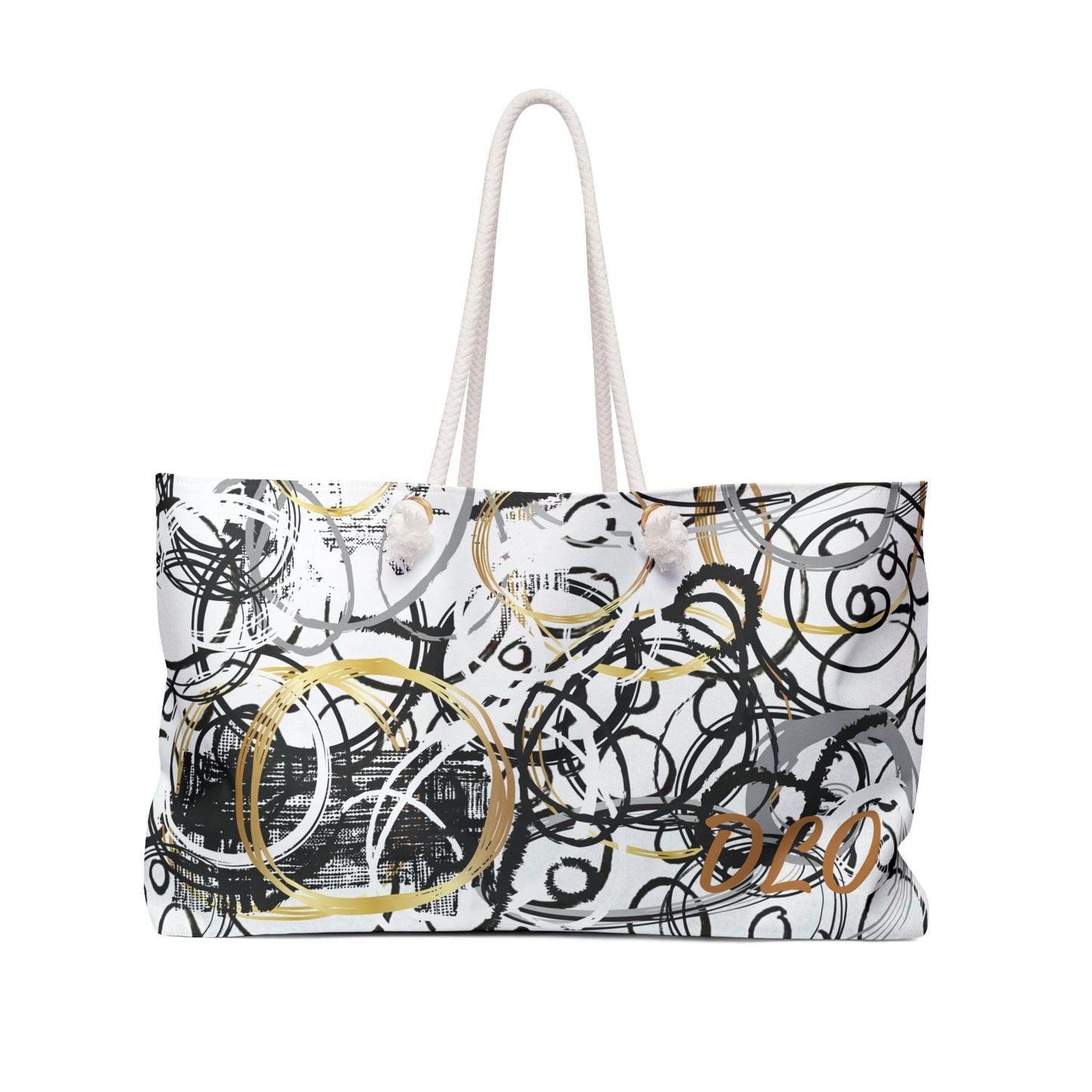 Abstract Circles Weekender Bag, Black White Gold Original Art Print, Unique Statement Bag, Artistic Travel Tote, Fashionable Carry-On,