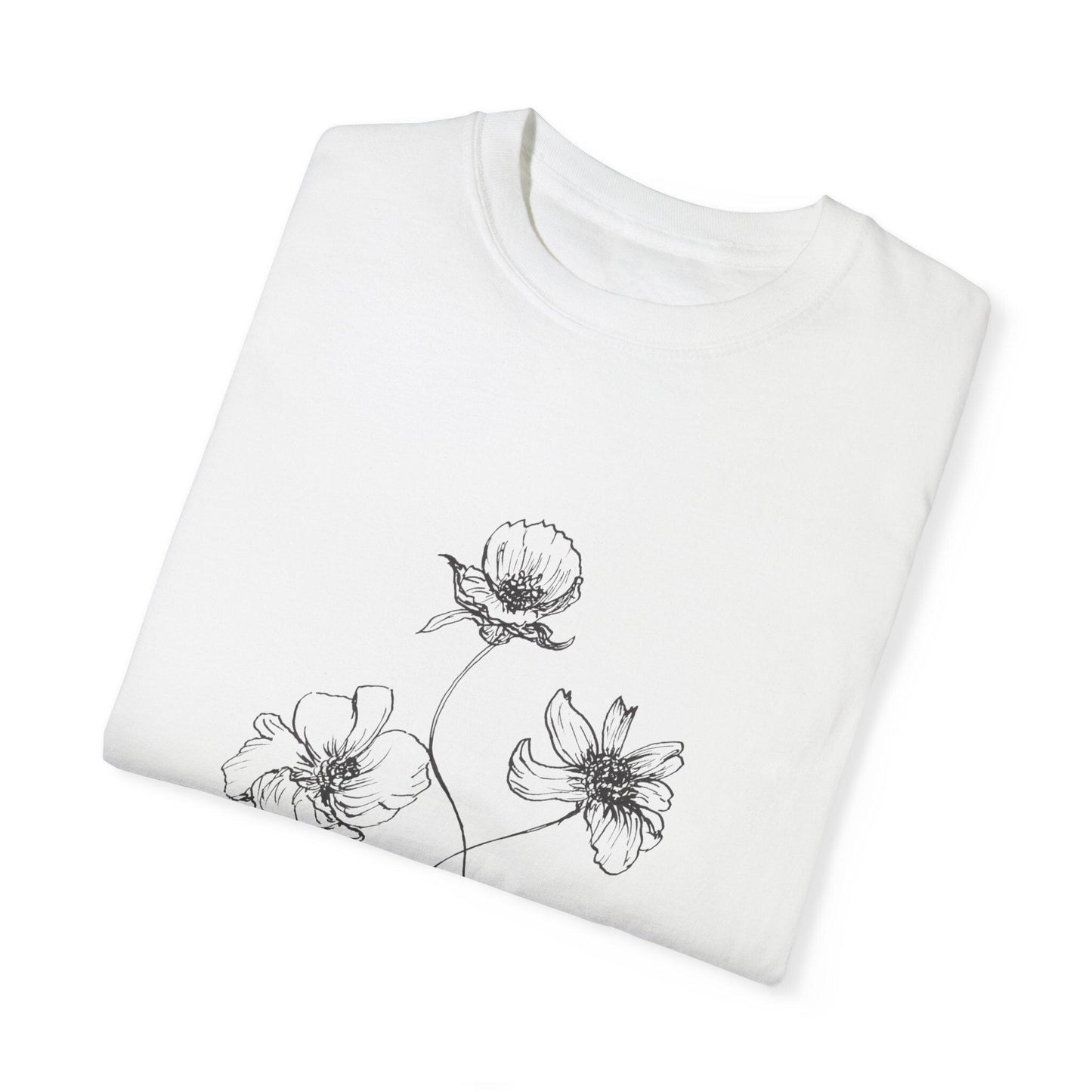 Floral Ink Drawing Unisex Garment-Dyed T-shirt, Hand Drawn Minimalist Tee, Random Flowers Fun Pretty Shirt, Simple Floral Design Tee, Flower