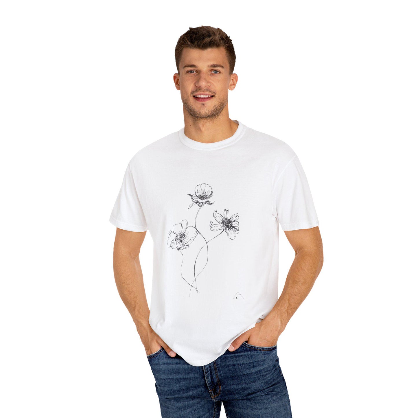 Floral Ink Drawing Unisex Garment-Dyed T-shirt, Hand Drawn Minimalist Tee, Random Flowers Fun Pretty Shirt, Simple Floral Design Tee, Flower