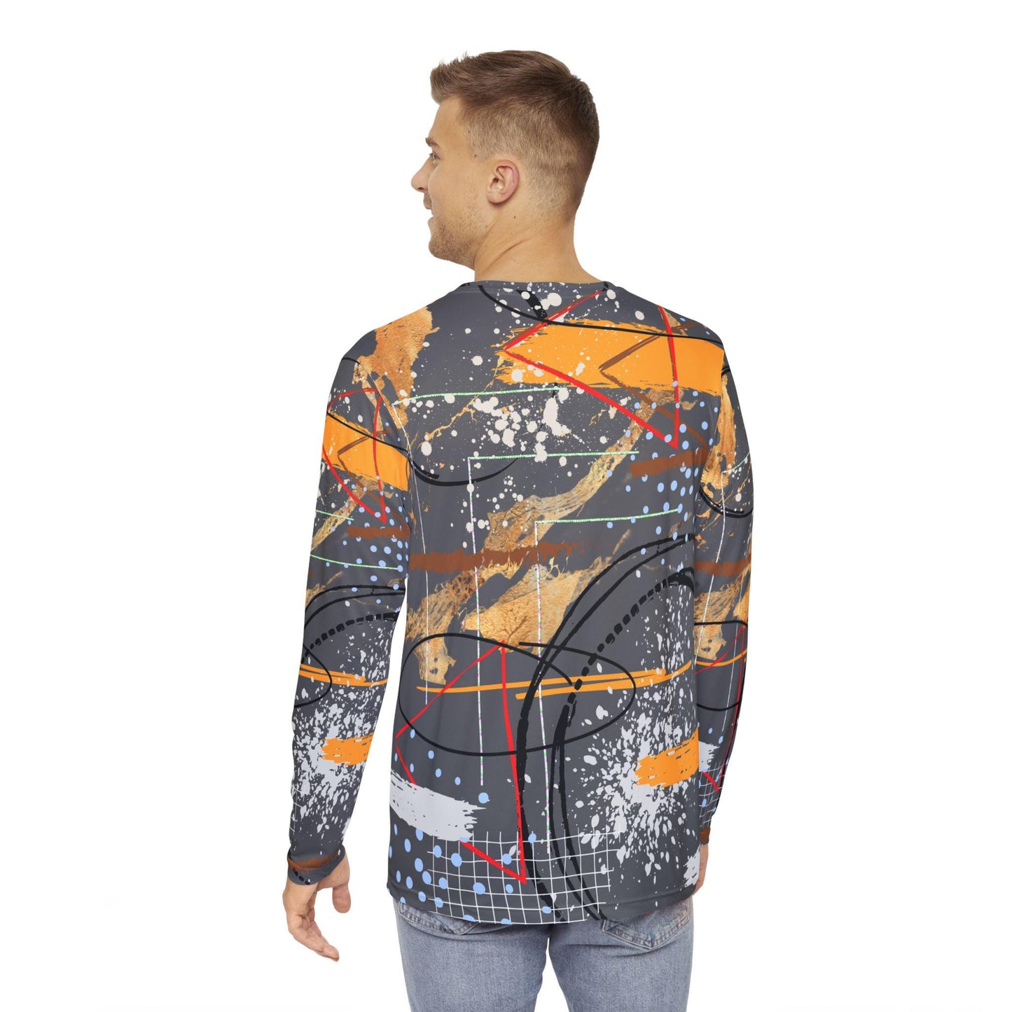 Abstract Men's Long Sleeve Shirt, Gray Orange White Paint Splatter Work Shirt, Fashionable Artistic Design, Stylish Clothing for Him, Unique