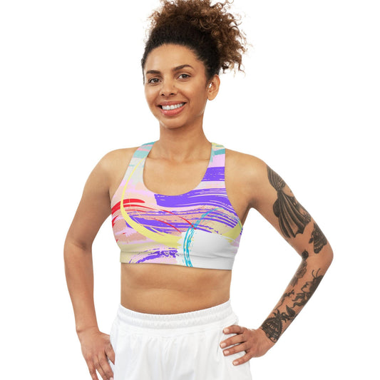 Abstract Art Seamless Sports Bra, Purple Pink Yellow Green Modern Gym Statement, Workout Top Fitness Athletic Activewear, Yoga Pilates Dance