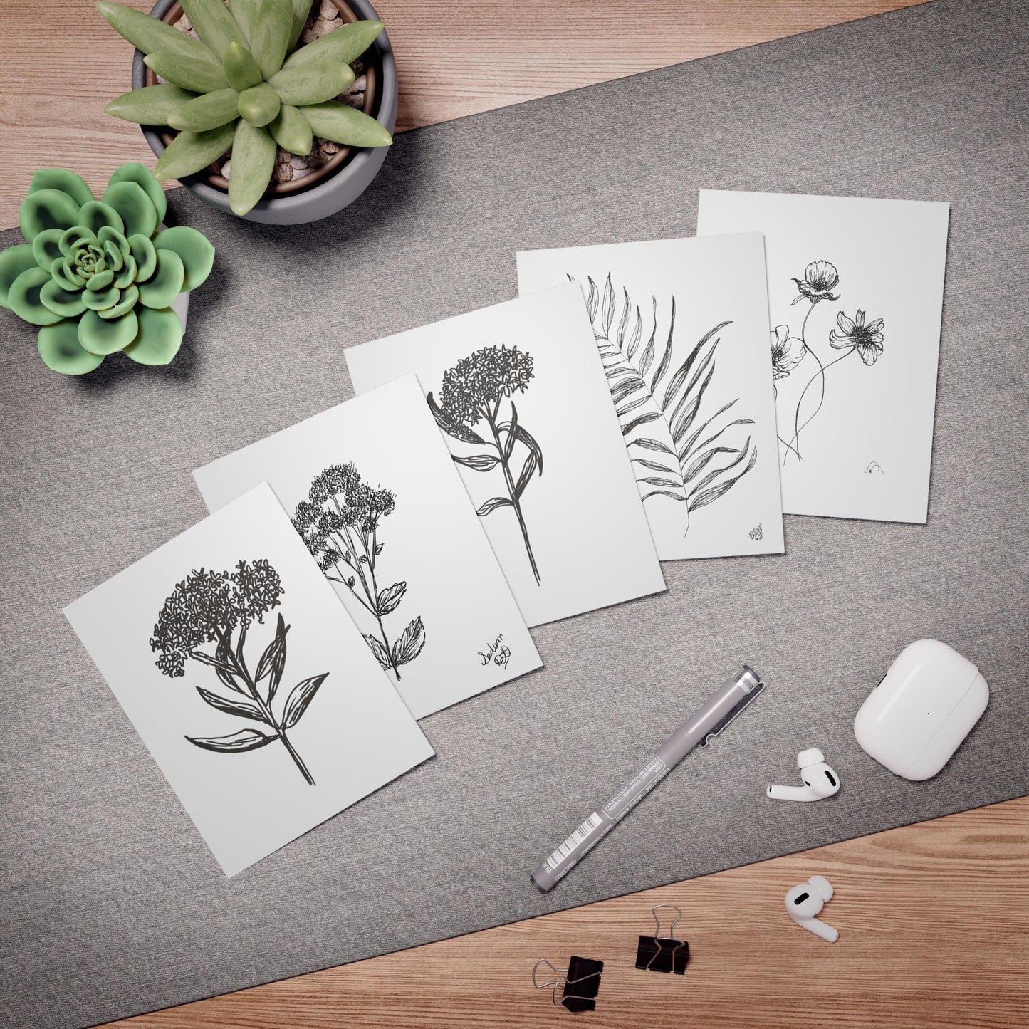 Greeting Card Set, Botanical Art, Garden Line Drawings, 5 Pack, Plant Illustrations, Floral Note Cards, Minimalist Ink Designs