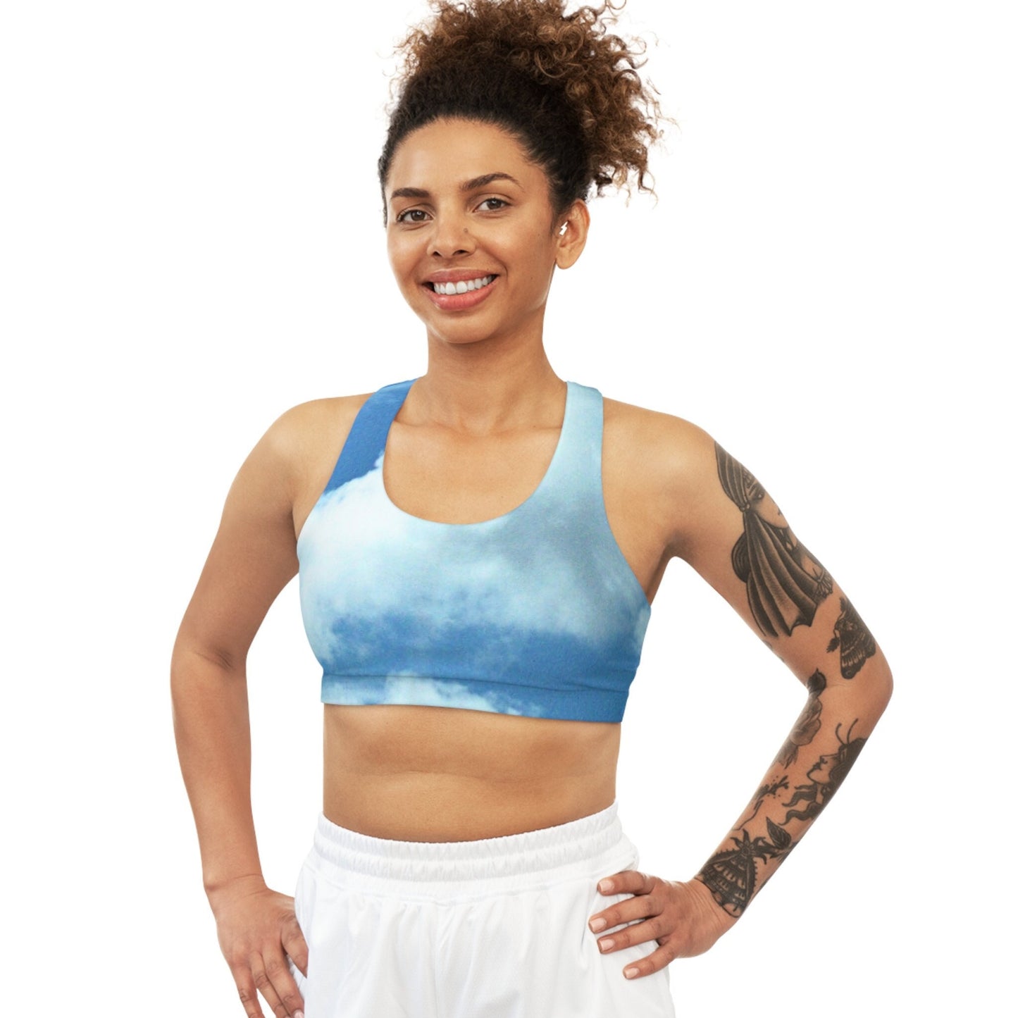 Seamless Sports Bra with Photo of Blue Sunny Sky,Pretty, White Fluffy Clouds. Unique, Stylish,Fashionable, New Original Design, New Designer