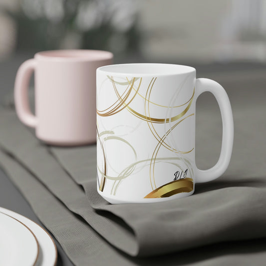 Ceramic Mugs (11oz15oz20oz) featuring my original digital abstract design of various circles in shades of brown and gold