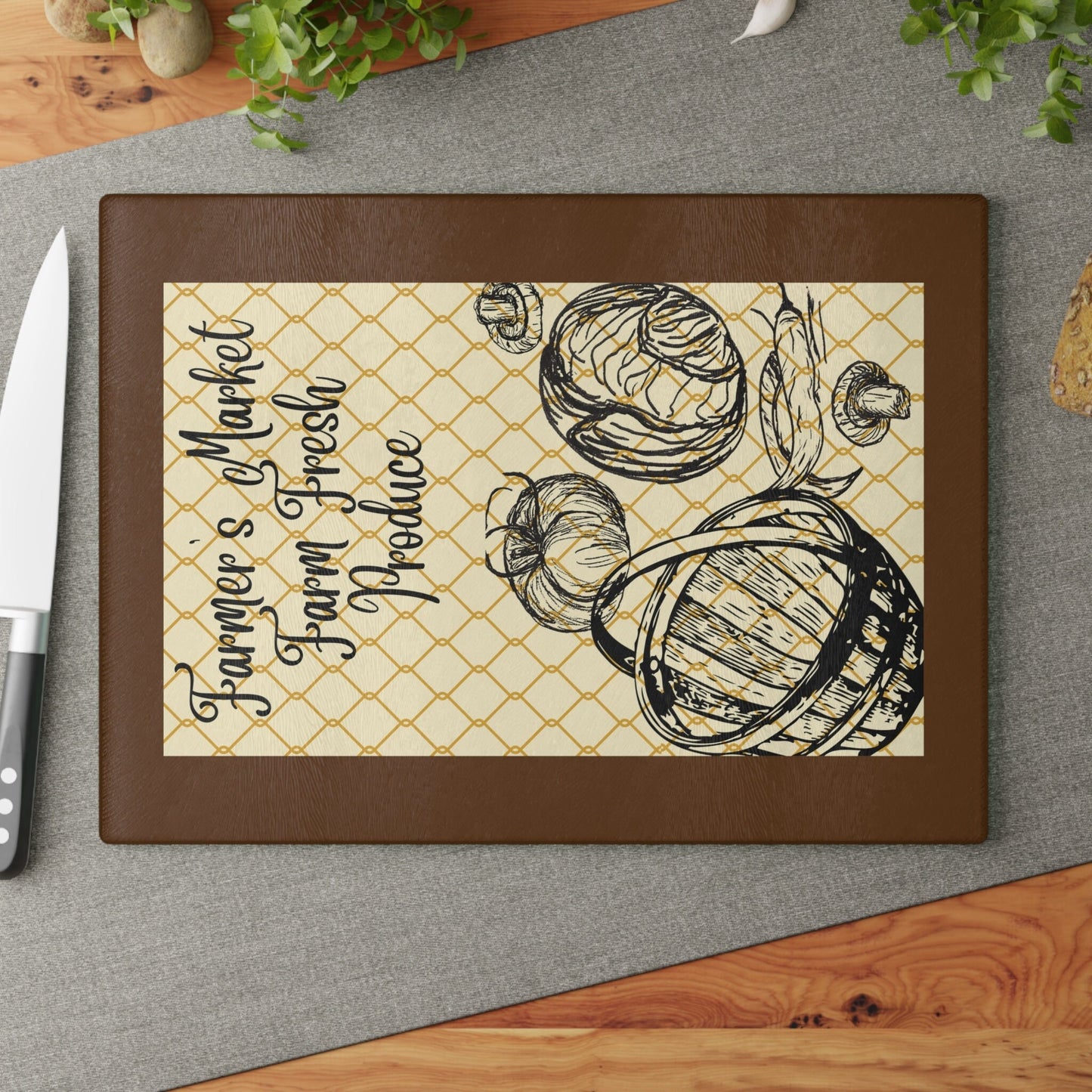 Glass Cutting Board with Farmer's Market Original Art, Hand Drawn Veggies on Neutral Beige and Brown Background