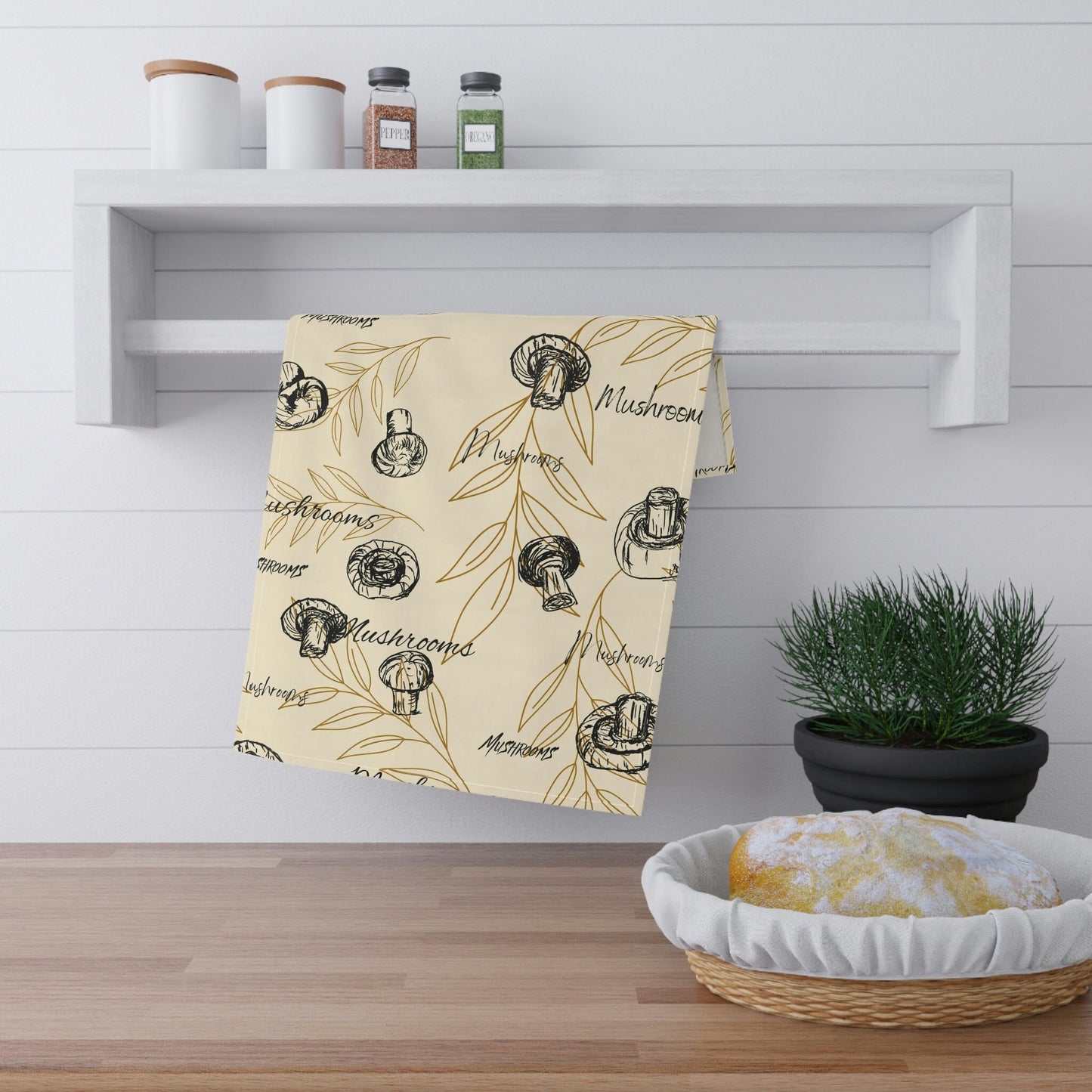 Kitchen Towel with Hand drawn Mushrooms Print, Fun Mushroom Design, Original Fine Botanical Art, Minimalist Line Drawings, Leaf background