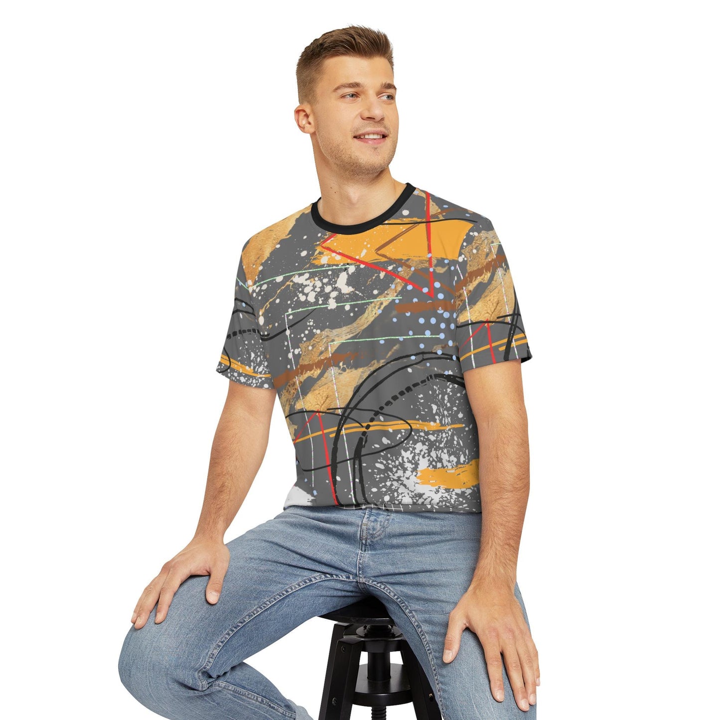 Men's Polyester Tee with Original Abstract Digital Design Print, Grunge, Garage, Work Shirt, Industrial Style