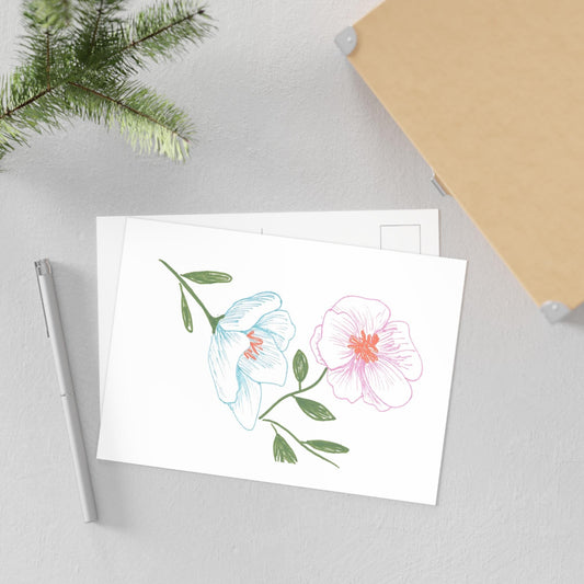 Fine Art Postcards with Ink Drawing of Two Cosmos Spring Flowers, Blue and Pink, Original Botanical Print