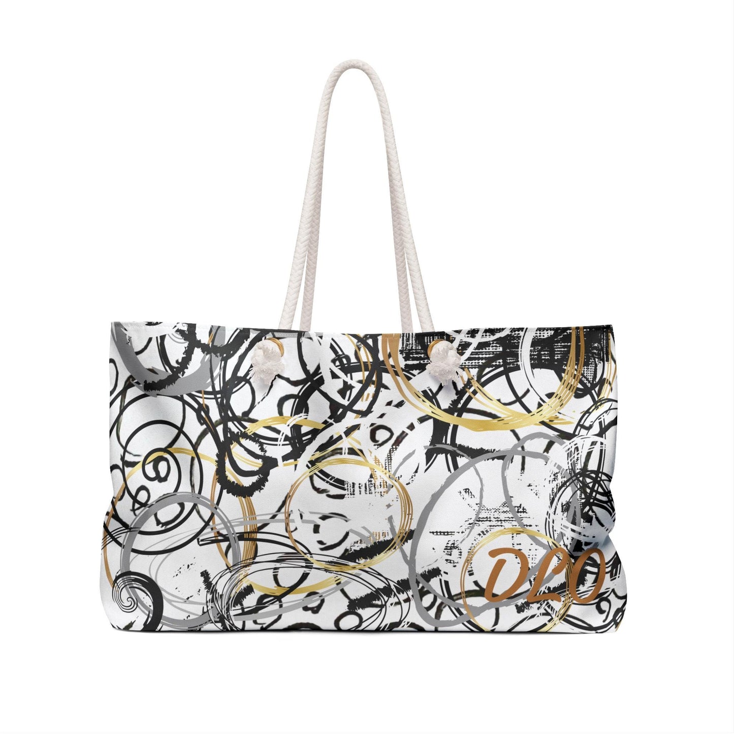 Abstract Circles Weekender Bag, Black White Gold Original Art Print, Unique Statement Bag, Artistic Travel Tote, Fashionable Carry-On,