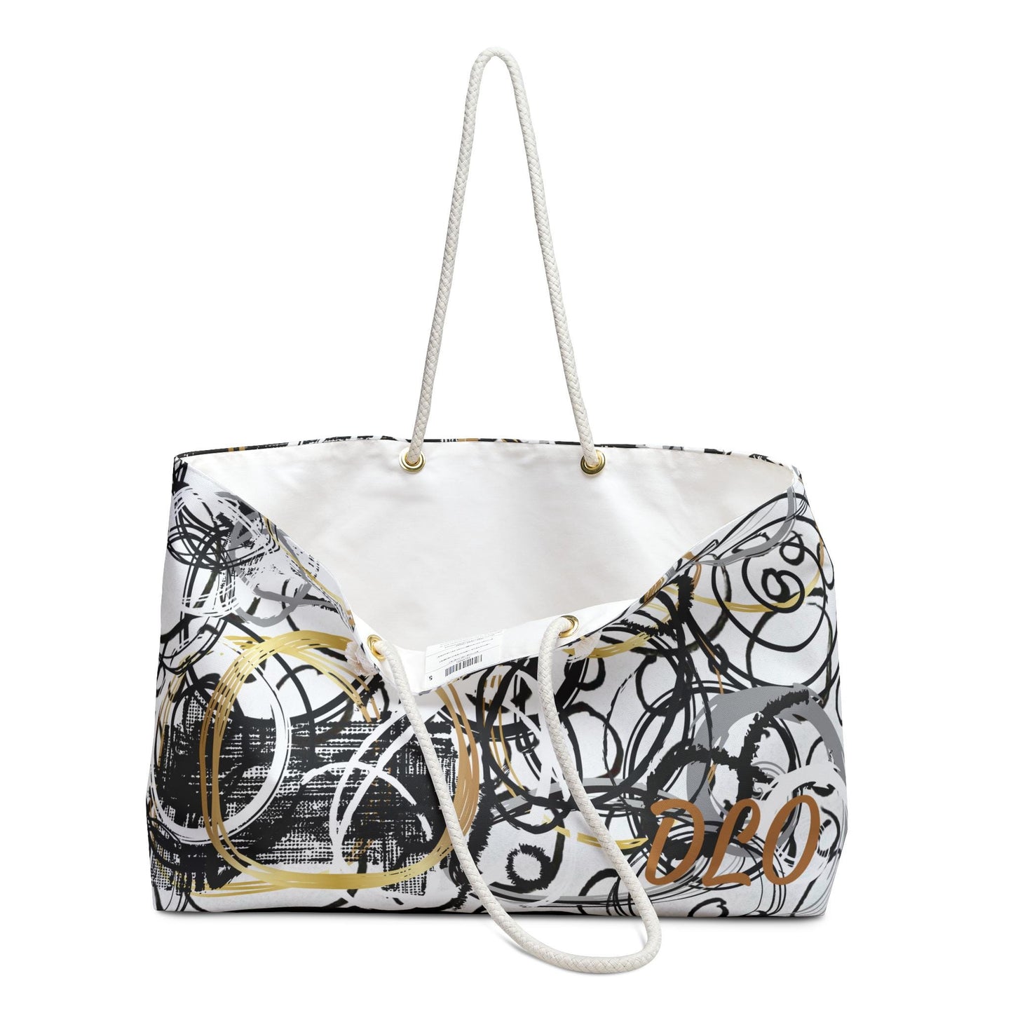 Abstract Circles Weekender Bag, Black White Gold Original Art Print, Unique Statement Bag, Artistic Travel Tote, Fashionable Carry-On,