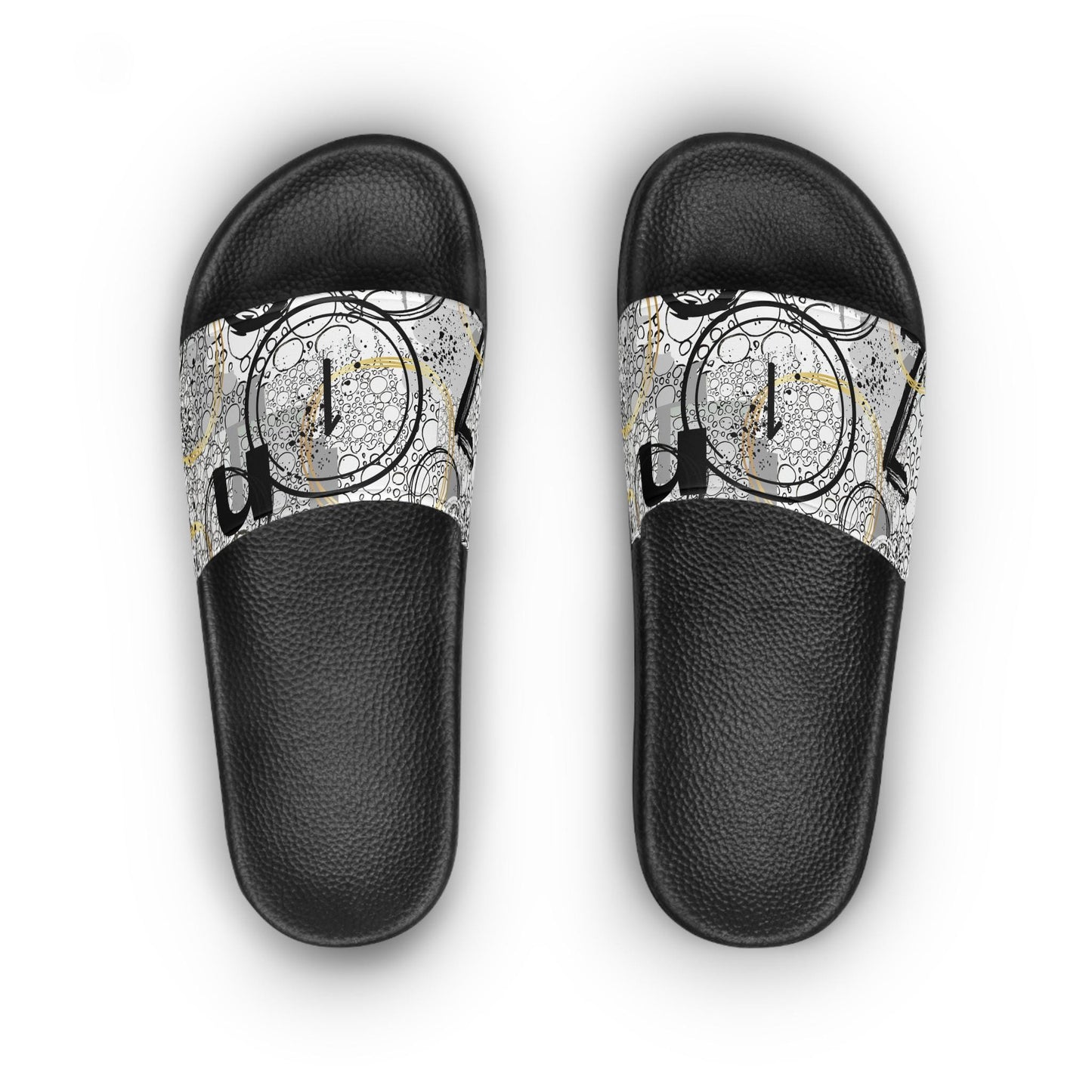 Sandals, Bold Geometric Abstract Art Black White Gray, Letters Numbers, Circles, Women's Footwear, Sliders, Summer Shoes