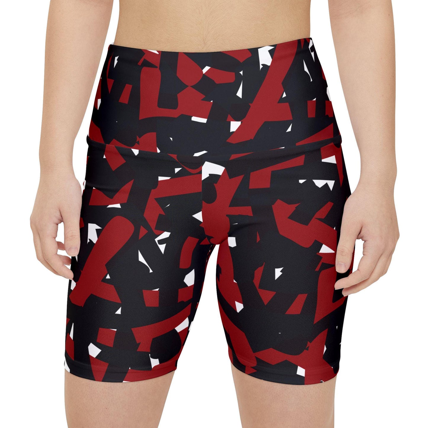 Workout Shorts, Bold Black Red Linear Abstract Art, Statement Piece for Gym, Attention Getting, Fitness Apparel, Athletic Wear, Women's