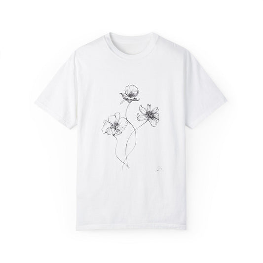 Floral Ink Drawing Unisex Garment-Dyed T-shirt, Hand Drawn Minimalist Tee, Random Flowers Fun Pretty Shirt, Simple Floral Design Tee, Flower