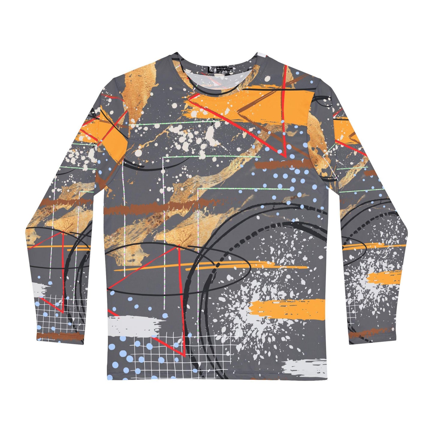 Abstract Men's Long Sleeve Shirt, Gray Orange White Paint Splatter Work Shirt, Fashionable Artistic Design, Stylish Clothing for Him, Unique