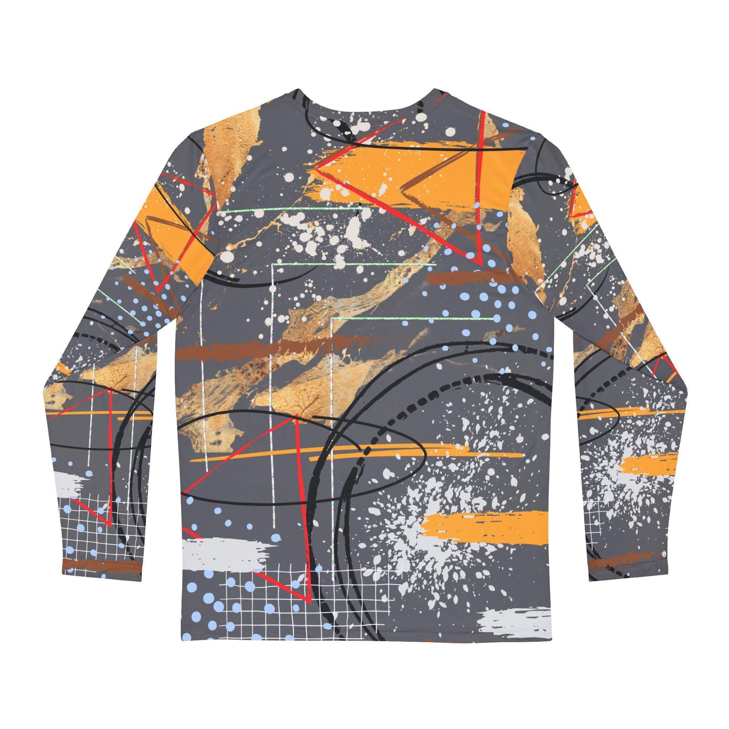 Abstract Men's Long Sleeve Shirt, Gray Orange White Paint Splatter Work Shirt, Fashionable Artistic Design, Stylish Clothing for Him, Unique