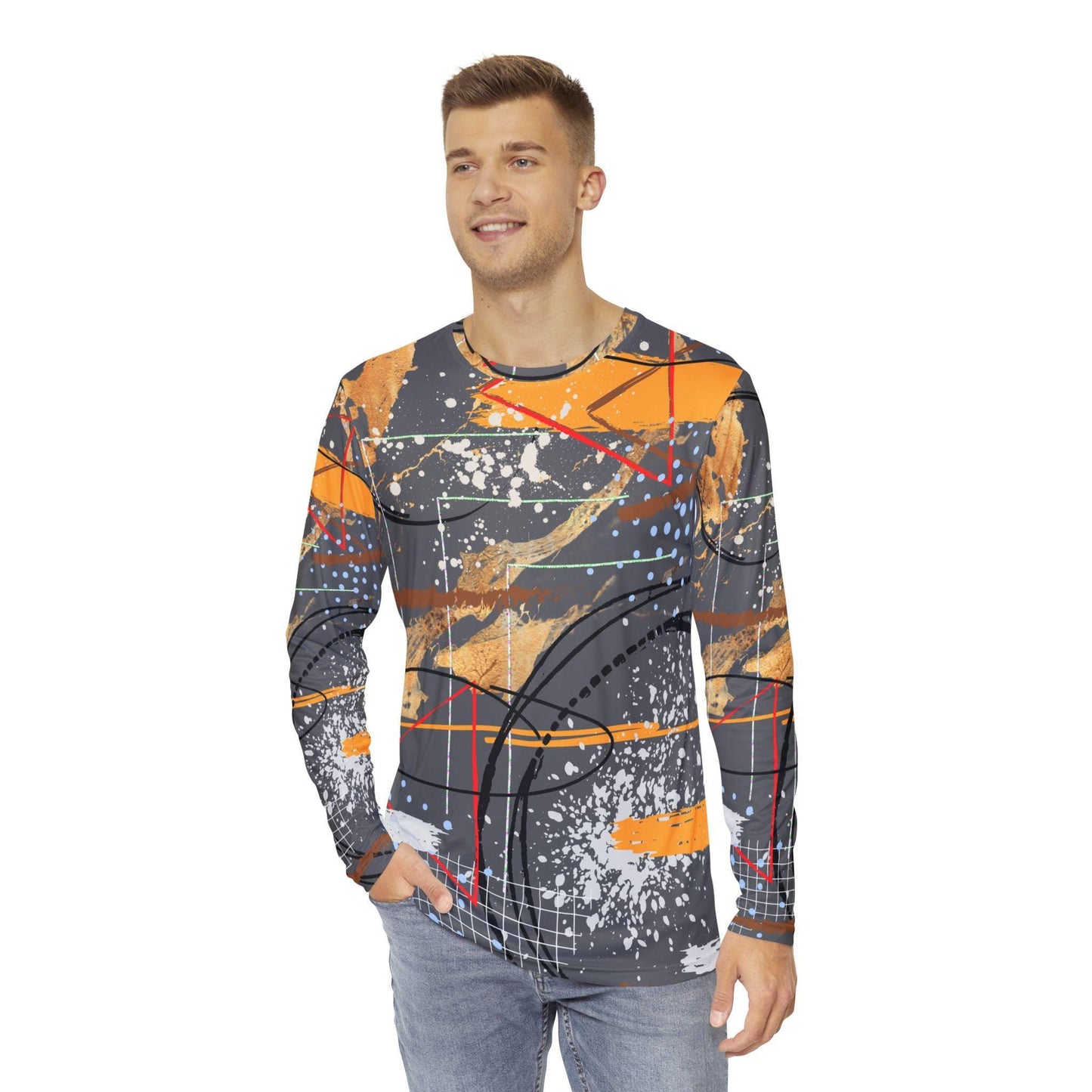 Abstract Men's Long Sleeve Shirt, Gray Orange White Paint Splatter Work Shirt, Fashionable Artistic Design, Stylish Clothing for Him, Unique