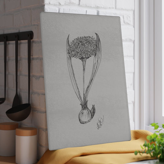 Glass Cutting Board with Hand Drawing of Flowering Garlic Bulb, Minimalist Line Drawing,Black Ink on Bristol in Calligraphy Pen,Original Art